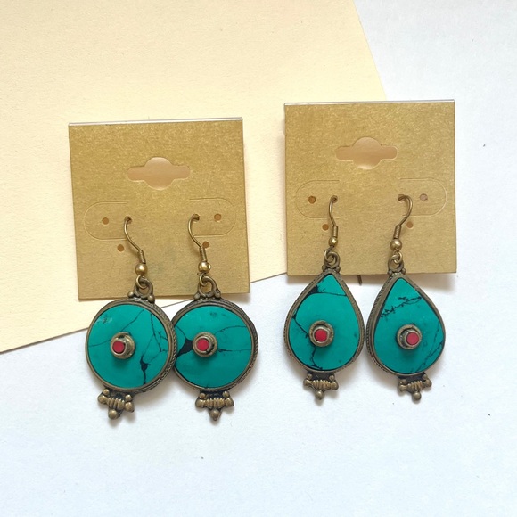 🏷️ circle boho turquoise & red dangling earrings - Picture 9 of 9